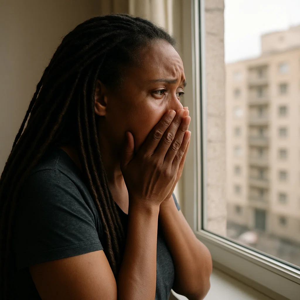 Mulher afro-descendente olhando pela janela de seu apartamento com as mãos cobrindo a boca e expressão de angústia no rosto.