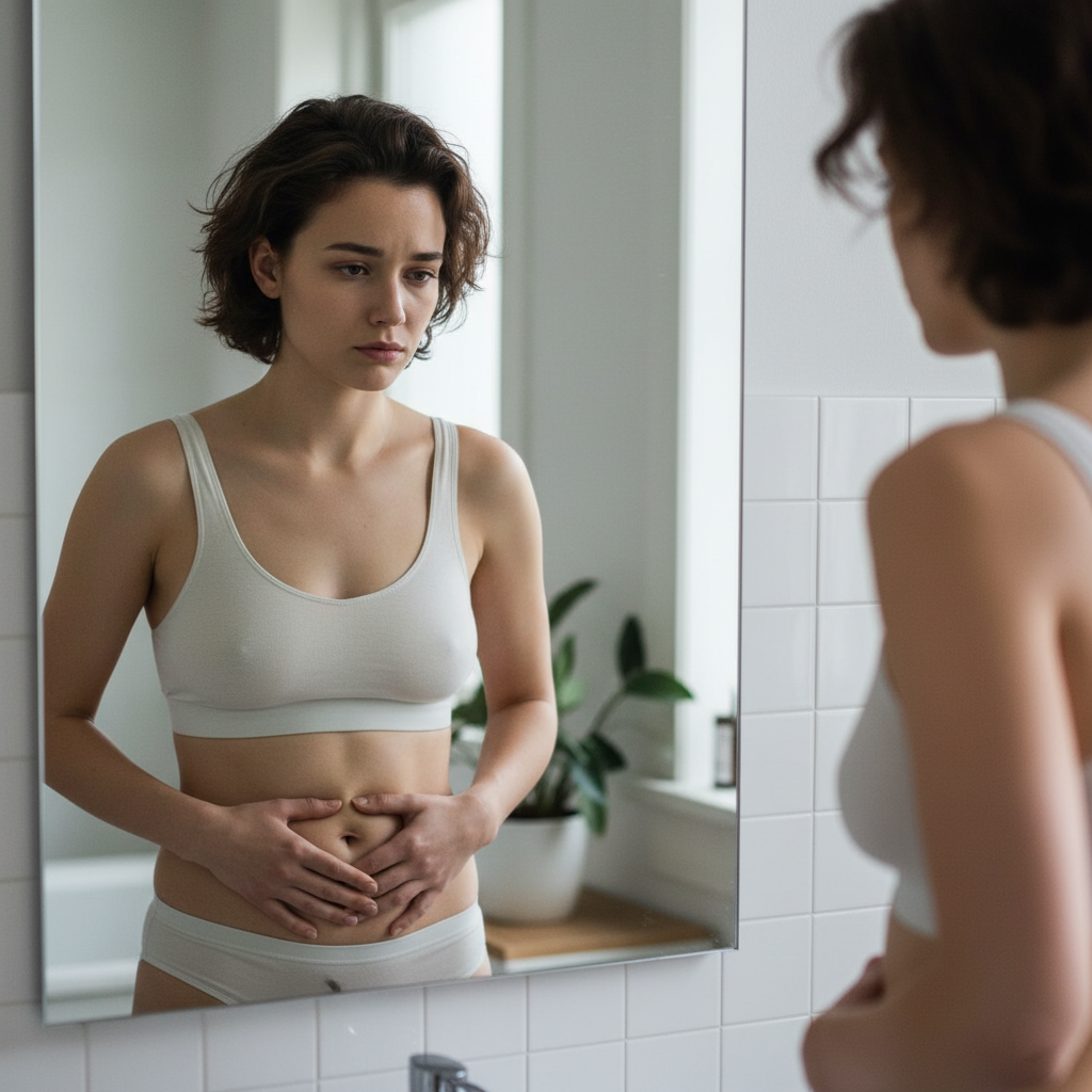 Mulher em frente ao espelho apalmando a barriga com uma expressão triste no rosto