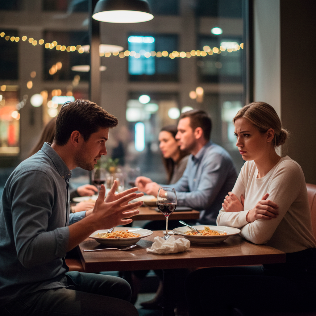 Jovem casal tendo uma discussão em um restaurante