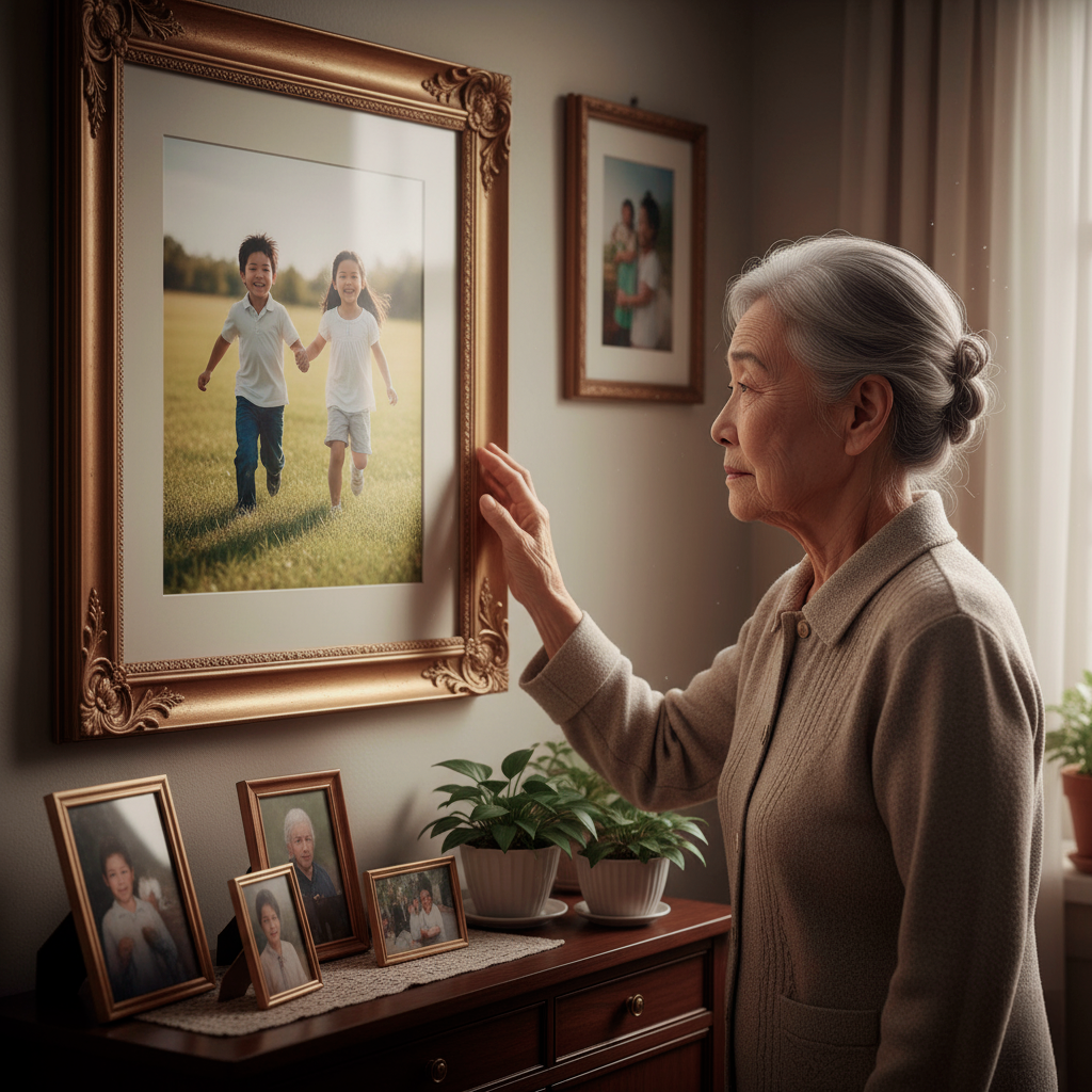 Idosa oriental olhando com saudade uma fotografia de quando seus filhos eram crianças