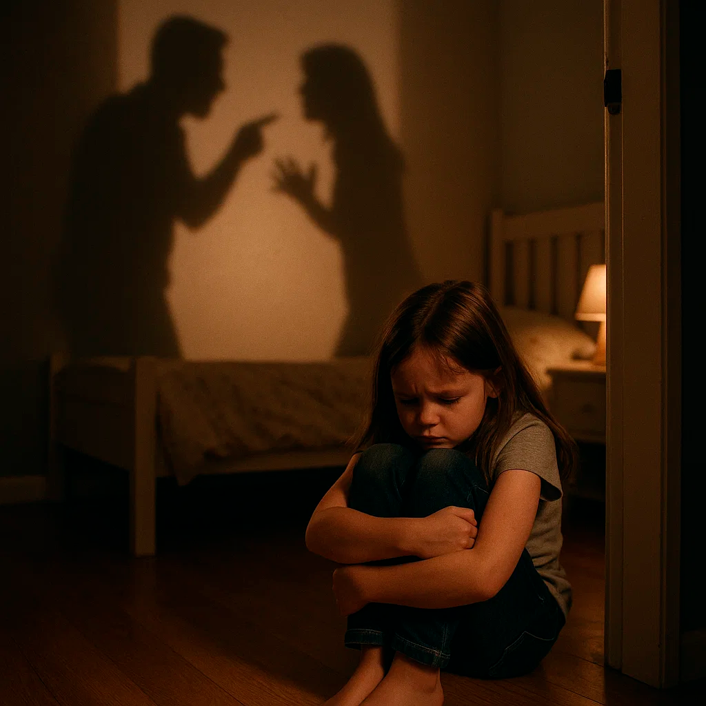 Menina triste em seu quarto com sombra de seus pais brigando ao fundo